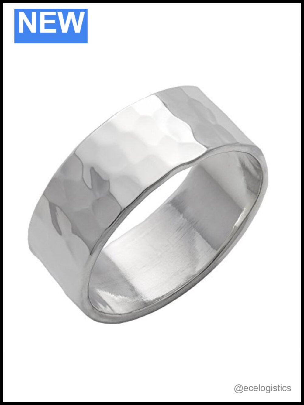 925 Sterling Silver Hammered Band Ring 8mm Flat Edge Chunky